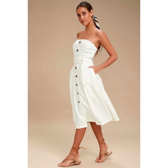 Lulus Moon River Zoie White Straplesss Belted Midi Dress - Medium, NWT - Picture 2 of 4